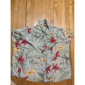 VINTAGE LINDEN HILL WOMANS XXL green red floral silk button COLLAR BLOUSE